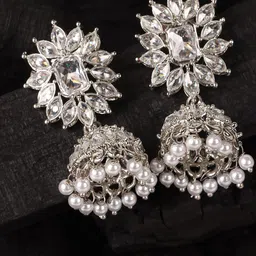 JEWELS GEHNA Silver-Toned & White Dome Shaped Jhumkas Earrings-picture-13
