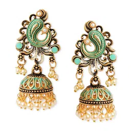 Anouk Brass-Plated Stone-Studded & Beaded Peacock Shaped Jhumkas-picture-12
