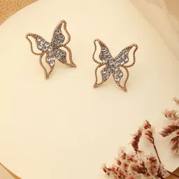 DressBerry Gold Plated Cubic Zirconia Studded Butterfly Shaped Stud Earrings image 5