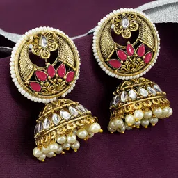 PRIVIU Gold-Plated Stones Studded & Beads Beaded Dome Shaped Jhumkas-image-36