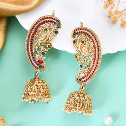 Silvermerc Designs Gold-Plated Artificial Stones-Studded & Beaded Peacock Shaped Jhumkas-picture-44