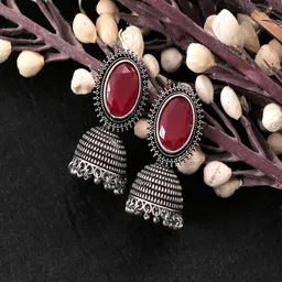 UNIVERSITY TRENDZ Oxidised Silver-Plated Stones Studded Dome Shaped Jhumka-picture-35