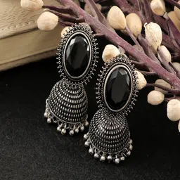 UNIVERSITY TRENDZ Oxidised Silver-Plated Stones Studded Dome Shaped Jhumka-picture-36