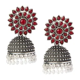 Shining Jewel - By Shivansh Silver-Toned & Red Dome Shaped Jhumkas Earrings image 1