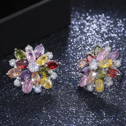 Jewels Galaxy Silver Plated American Diamond-Studded Floral Stud Earrings-picture-53