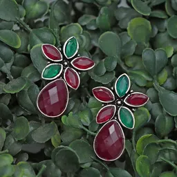 Ozanoo Silver-Plated Floral Stone Studded Oxidised Earrings image 1