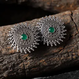 VENI 92.5 Silver-Plated Stone Studded Oxidised Circular Studs Earrings-image-10
