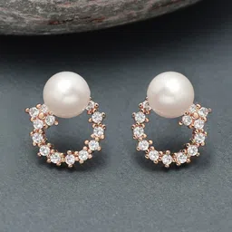 AMI Rose Gold & White Pearl & Cubic Zirconia Contemporary Studs Earrings image 1