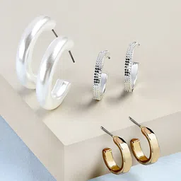 AMI Set Of 3 Gold-Plated & White Circular Half Hoop Earrings-image-67