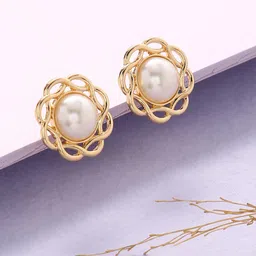 justpeachy Gold-Plated & White Pearl Studded Studs Earrings-picture-11