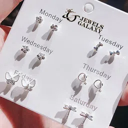 Jewels Galaxy Set of 6 Silver-Plated Contemporary Studs Earrings-image-10