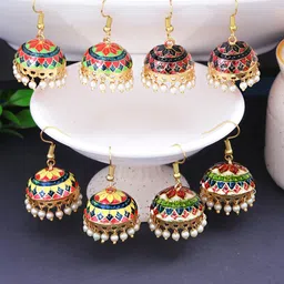 Yellow Chimes Set of 4 Golden Meenakari Jhumka Earrings-picture-30