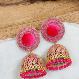 Crunchy Fashion Gold-Plated Pink Dome Shaped Velvet Enamelled Jhumkas Earrings-image-88
