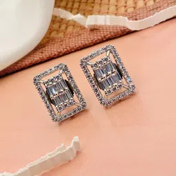 ABDESIGNS Silver-Plated American Diamond-Studded Geometric Studs Earrings-image-15