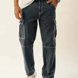 Bene Kleed Men Relaxed Pure Cotton Contrast Stitch Cargos Trousers-image-59