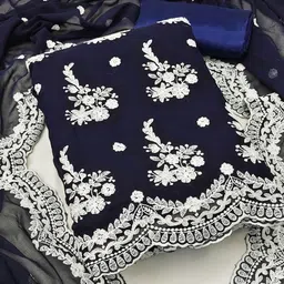 KALINI Blue & White Embroidered Silk Georgette Unstitched Dress Material-picture-10