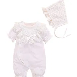 StyleCast White Infant Girls Self-Design Cotton Rompers With Cap-picture-26