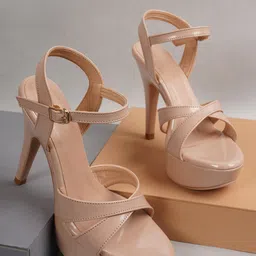 Rubeezz Beige Party High-Top Stiletto Sandals With Buckles image 1