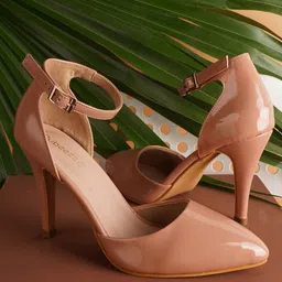 Rubeezz Peach-Coloured Party Stiletto Pumps with Buckles image 1