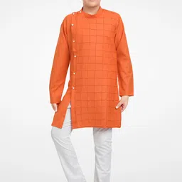 Jeetethnics Boys Orange & White Self Design Angrakha Cotton Blend Kurta Set-picture-15