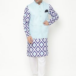 Hangup Men Blue Printed Kurta with Pyjamas & Nehru Jacket-picture-10