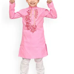 BAESD Boys Floral Yoke Design Mandarin Collar Thread Work Kurta With Churidar image 1