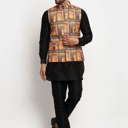 Benstoke Men Black Dyed Layered Dupion Silk Kurti with Pyjamas-picture-13