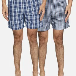 BStories Men Pack Of 2 Blue & White Checked Lounge Cotton Shorts-picture-10
