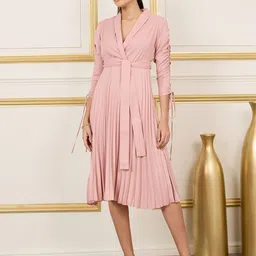 Styli Pink Lapel Collar Accordion Pleated Wrap Midi Dress image 1
