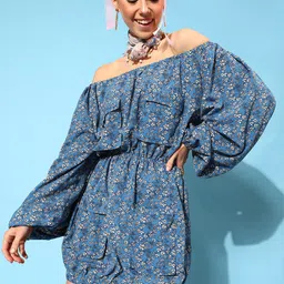 STREET 9 Blue Floral Off-Shoulder Crepe Blouson Mini Dress-image-56