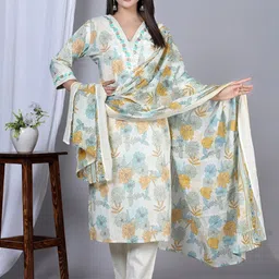 YASH GALLERY Floral Printed Thread Work Pure Cotton Straight Kurta with Trousers & Dupatta image 1