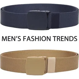 The Roadster Lifestyle Co. Men Blue & Beige Set Of 2 Textured Canvas Belts image 4