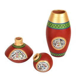 AAKRITI ART CREATIONS 3-Pcs Red & Golden Rustic Warli Printed Vases image 5