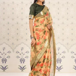 Ode by House of Pataudi Olive & Mustard Floral Printed Sequinned Saree image 4