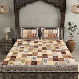 JAIPUR FABRIC Brown & White Printed Cotton 210 TC Queen Bedsheet with 2 Pillow Covers image 2