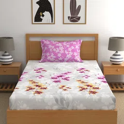 Home Ecstasy Pink & Grey Floral 140 TC Single Bedsheet with 1 Pillow Covers image 2