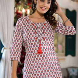 KALINI Floral Printed Thread Work Pure Cotton Kurta With Trousers image 2