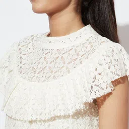 SPUNKIES Flutter Sleeves Lace Self Design A-Line Cotton Dress image 2
