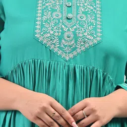Swasti Plus Size Round Neck Gathered Ethnic Motifs Embroidered Gown Dress image 3