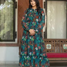 ASPORA Floral Print Bell Sleeve Georgette Formal Maxi Dress image 2