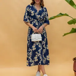 MANOJAVA Women Cotton Floral Printed Wrap Midi Dress image 5