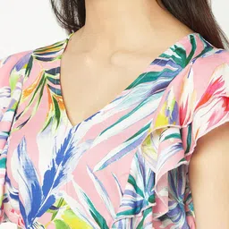 GLITO Tropical Printed V-Neck Flutter Sleeves A-Line Dress image 2