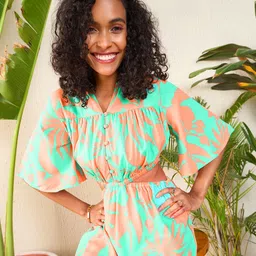 SASSAFRAS Floral Printed Flared Sleeves Cut Out Georgette A-Line Midi Dress image 3