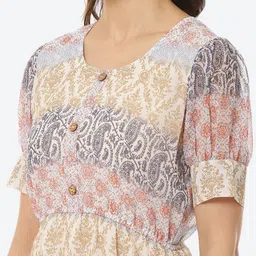 Kurti's by Menka White & Beige Ethnic Motifs Printed Puff Sleeves Fit & Flare Midi Dress image 5