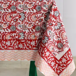handicraft palace White & Red 6 Seater Lotus Floral Hand Block Printed Cotton Table Cover & 6 Piece Napkins image 2