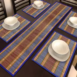 HOKIPO Madurkathi 5 Pieces Blue & Red Geometric Pattern Table Placemats & Runner image 3