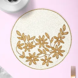 YWULY Cream & Gold Toned Floral Beaded Table Placemats image 2