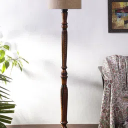 Devansh Beige & Brown Traditional Wood Floor Lamp With Jute Cylindrical Shade image 2