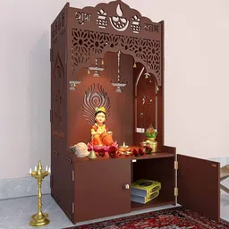 homscape Jali Wooden Floor Temple With Spacious Shelf Inbuilt Focus Light Brown image 4