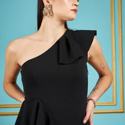 SASSAFRAS Black One Shoulder Flutter Sleeves Ruffles Detail Sheath Dress image 2